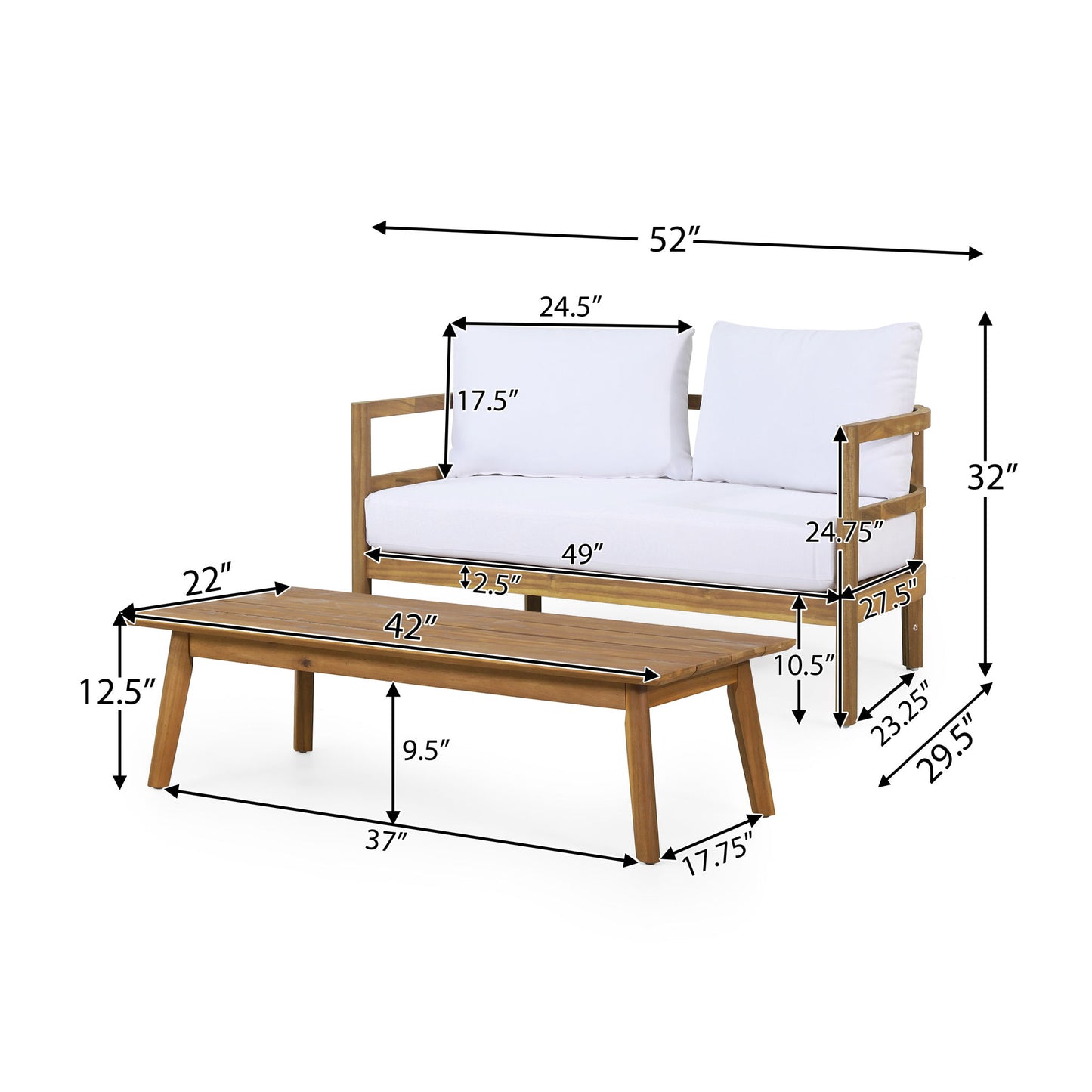 The image features the Outdoor Furniture With Coffee Table, Patio Conversation Set Deep Seating With Soft Cushion, displaying detailed dimensions for each piece using black arrows and text.