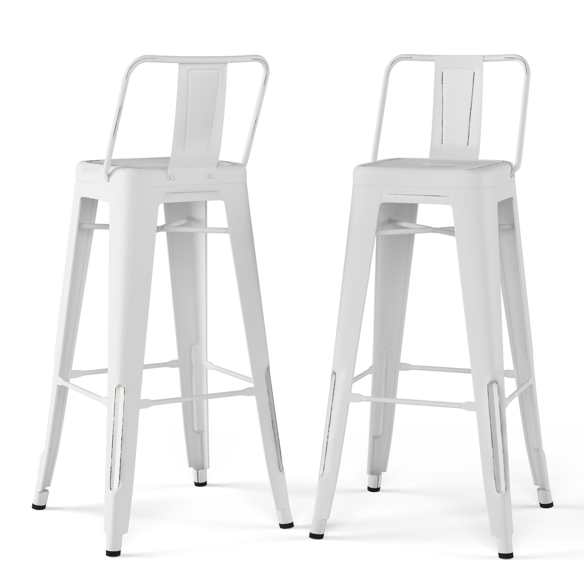 Two Rayne Multifunctional Metal Stools, tall and white with backrests and footrests, are displayed on a plain white background. These stools feature a modern industrial design with black-tipped legs for added stability.