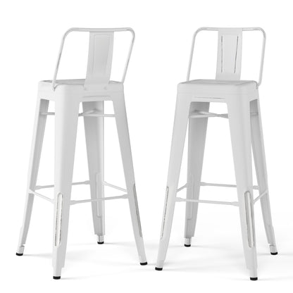Two Rayne Multifunctional Metal Stools, tall and white with backrests and footrests, are displayed on a plain white background. These stools feature a modern industrial design with black-tipped legs for added stability.