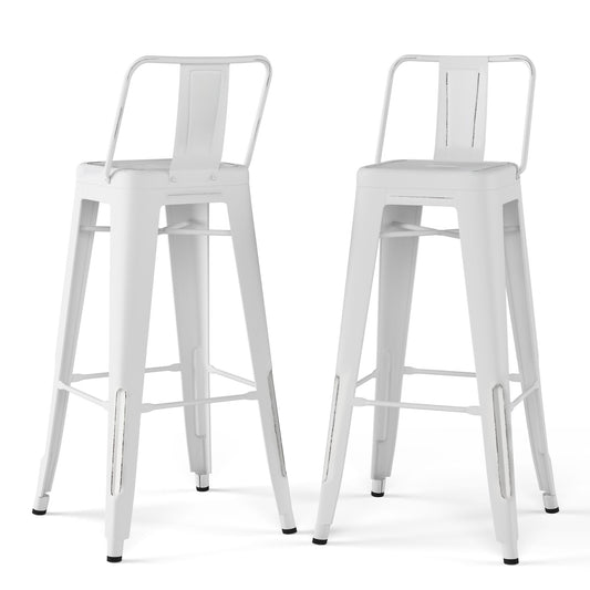 Two Rayne Multifunctional Metal Stools, tall and white with backrests and footrests, are displayed on a plain white background. These stools feature a modern industrial design with black-tipped legs for added stability.