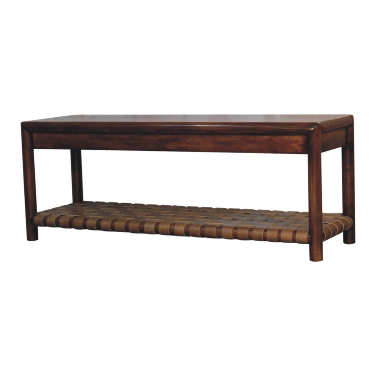 The Regency Woven Bench in brown features a rectangular wooden frame with a smooth top and a lower shelf crafted from woven leather straps, shown against a plain white background.
