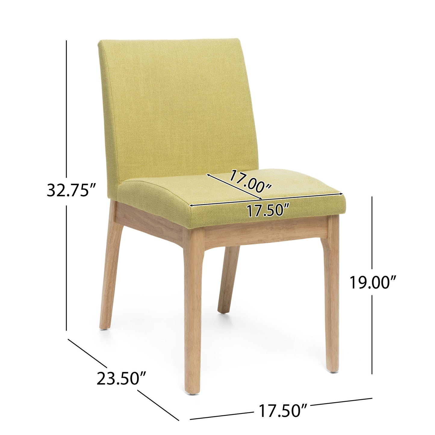 Contemporary Fabric Comfort Dining Chairs (Set of 2) feature light green upholstery, wooden legs, and measure 32.75" high with a 19" seat height, 17" seat depth, 17.5" seat width, 23.5" chair depth, and 17.5" width.