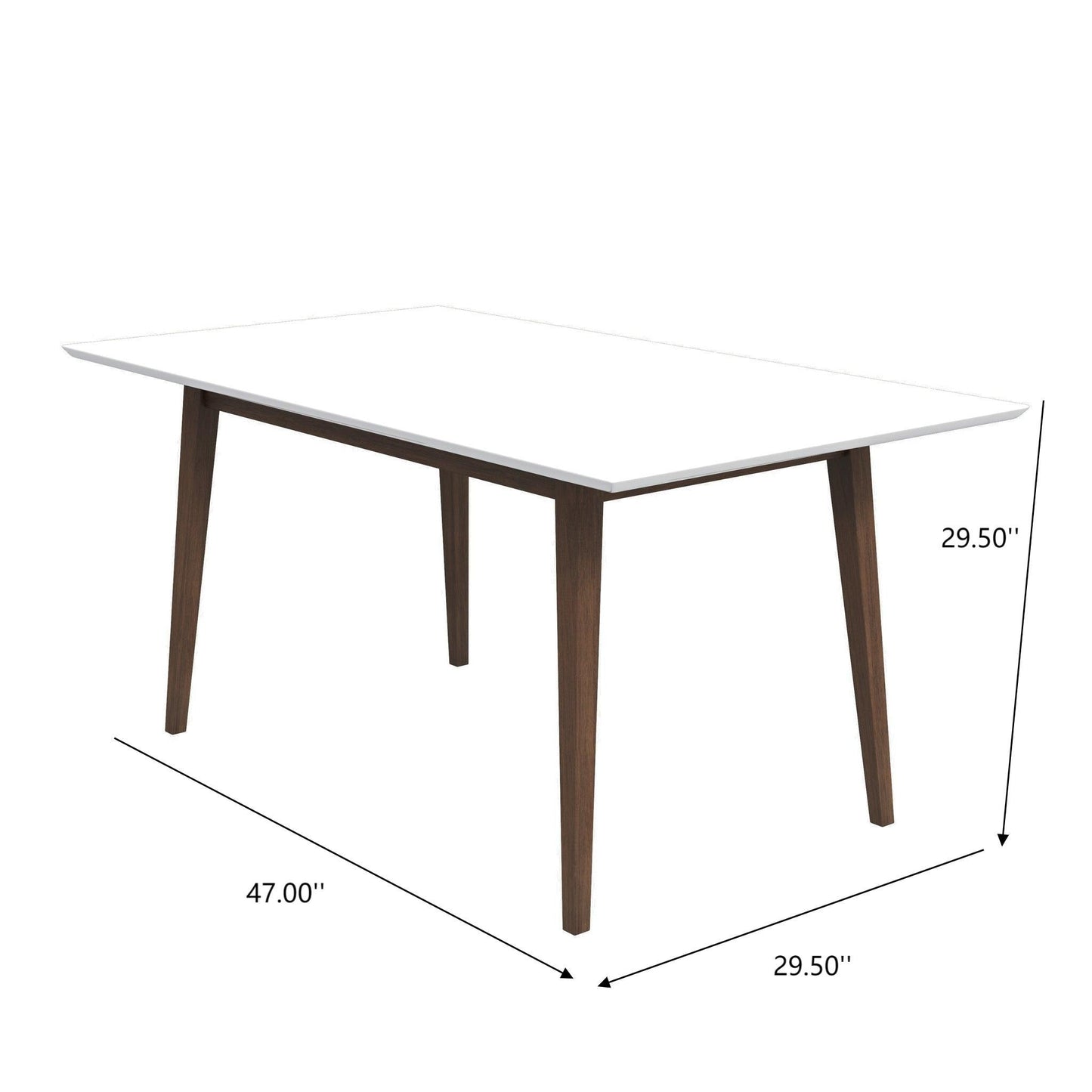 Levi - Modern Style Rectangular Dining Kitchen Table features a white top, four angled wooden legs, and measures 47"L x 29.5"W x 29.5"H with dimensions shown along the edges.