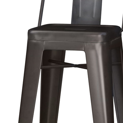Close-up of the Rayne Multifunctional Metal Stool, featuring a black metal finish, square seat, angled backrest, and four sturdy legs joined by a crossbar.