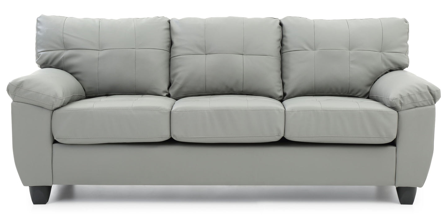 The Comfortable Sofa is a modern light gray leather piece with three seat and back cushions, wide armrests, and short dark wooden legs.