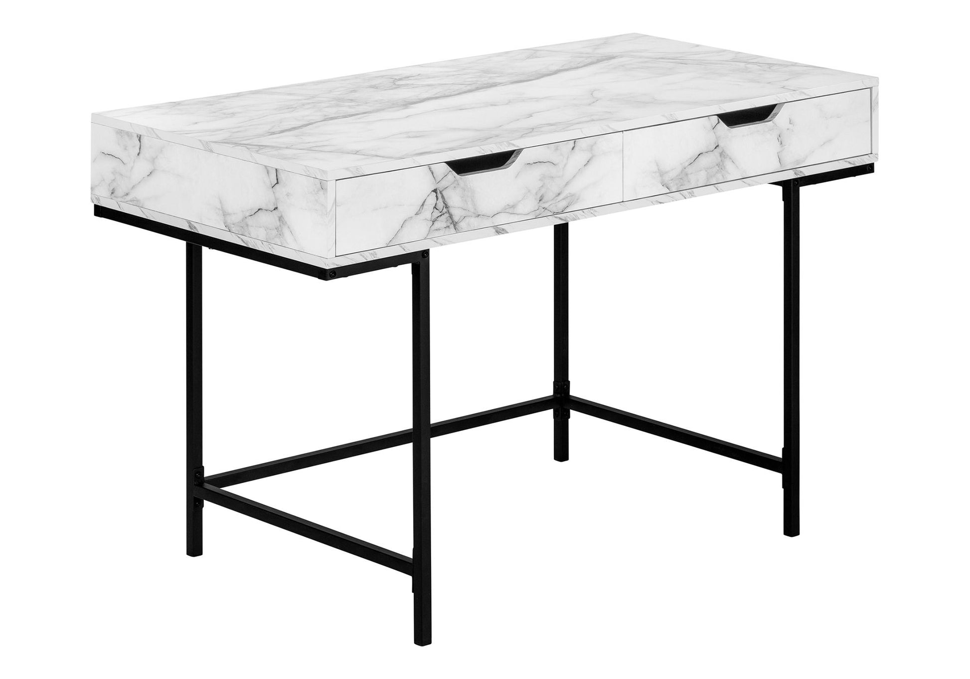 The Computer Desk for Home Office features a contemporary white marble-patterned top, two storage drawers, and a stable black metal frame with straight legs and a crossbar. Perfect for modern workspaces.