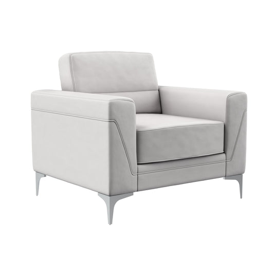 The Couch.com Creta Chair features a modern boxy design in light gray faux leather with wide armrests and thin metal legs, shown against a plain white background.