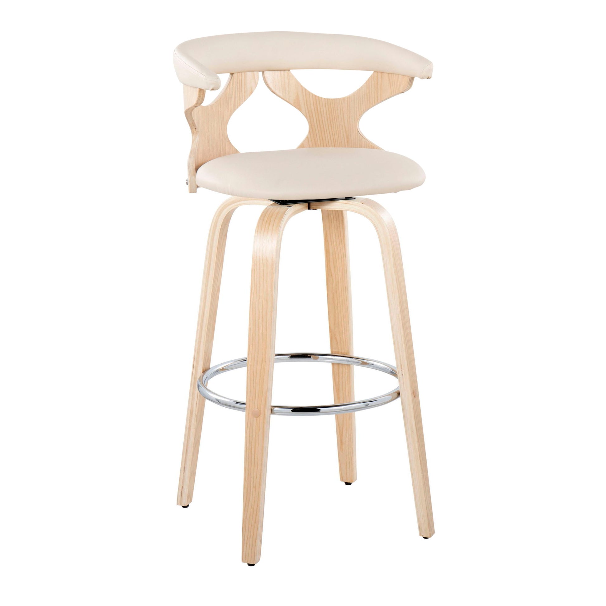 The Gardenia - Contemporary Fixed Height Barstool With Swivel (Set of 2) features light wood legs, a padded cream seat with a curved backrest and cut-out designs, plus a round metal footrest for modern style and comfort.