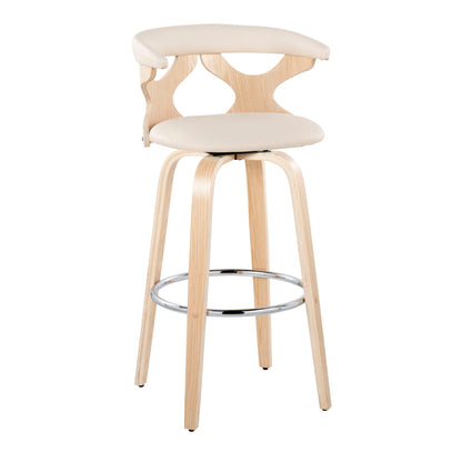 The Gardenia - Contemporary Fixed Height Barstool With Swivel (Set of 2) features light wood legs, a padded cream seat with a curved backrest and cut-out designs, plus a round metal footrest for modern style and comfort.