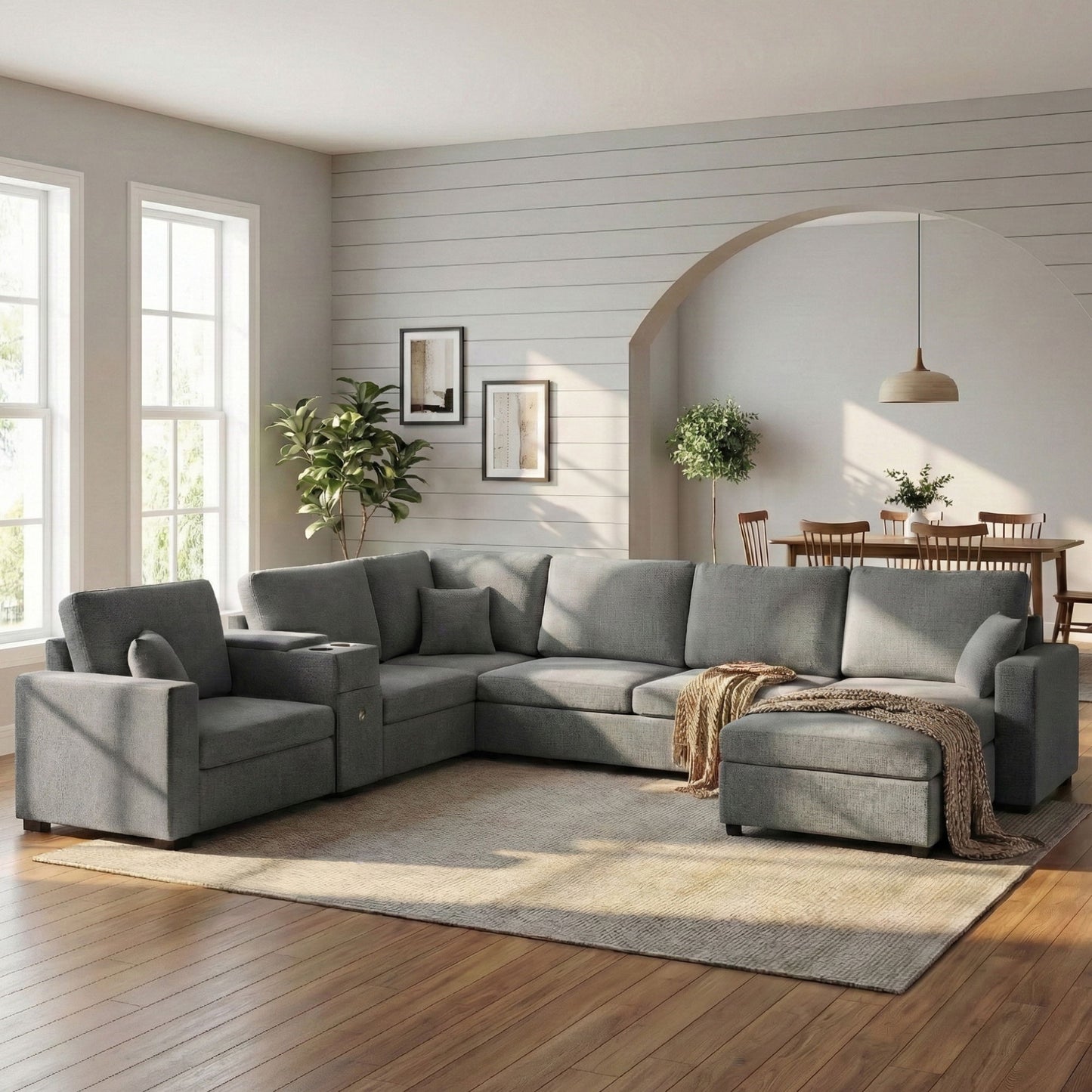 Modular 5 Seat U-Shape Sectional Sofa With Chaise Lounge, Built In Cup Holders And Storage Drawer