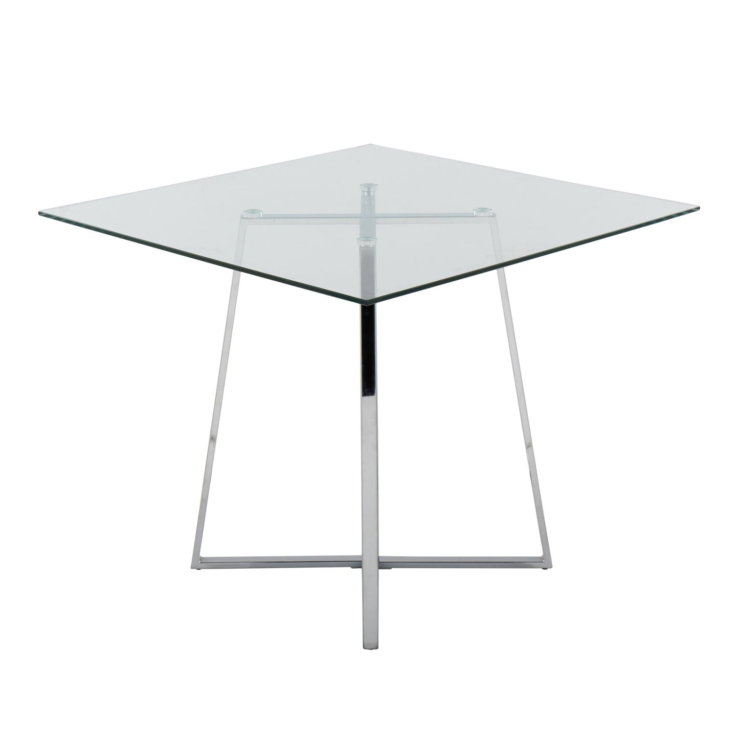 The Cosmo - Contemporary Square Dining Table Legs feature a minimalist metal base with four angled legs crossing at the center, providing a modern look for glass-top tables with clean lines and a transparent surface.