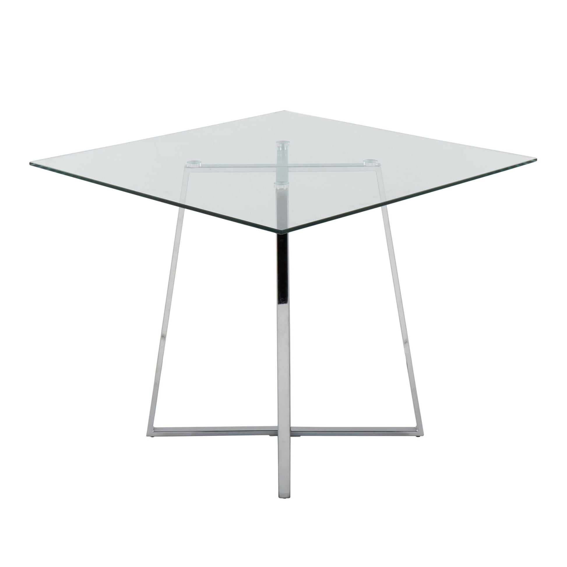 The Cosmo - Contemporary Square Dining Table Legs feature a minimalist metal base with four angled legs crossing at the center, providing a modern look for glass-top tables with clean lines and a transparent surface.