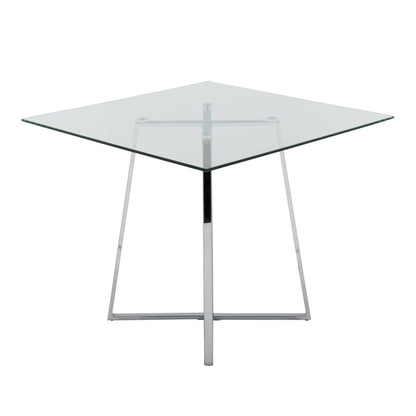 The Cosmo - Contemporary Square Dining Table Legs feature a minimalist metal base with four angled legs crossing at the center, providing a modern look for glass-top tables with clean lines and a transparent surface.