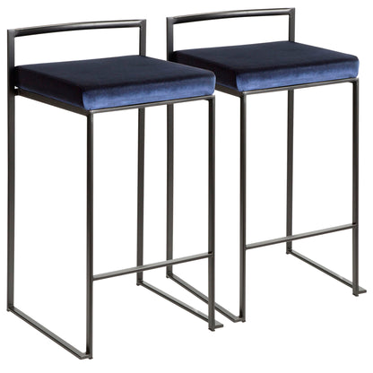 The Fuji stackable counter stools feature thin black metal frames, minimalist backrests, and square navy blue cushioned seats. Each has a rectangular base with a footrest for a sleek, contemporary look.