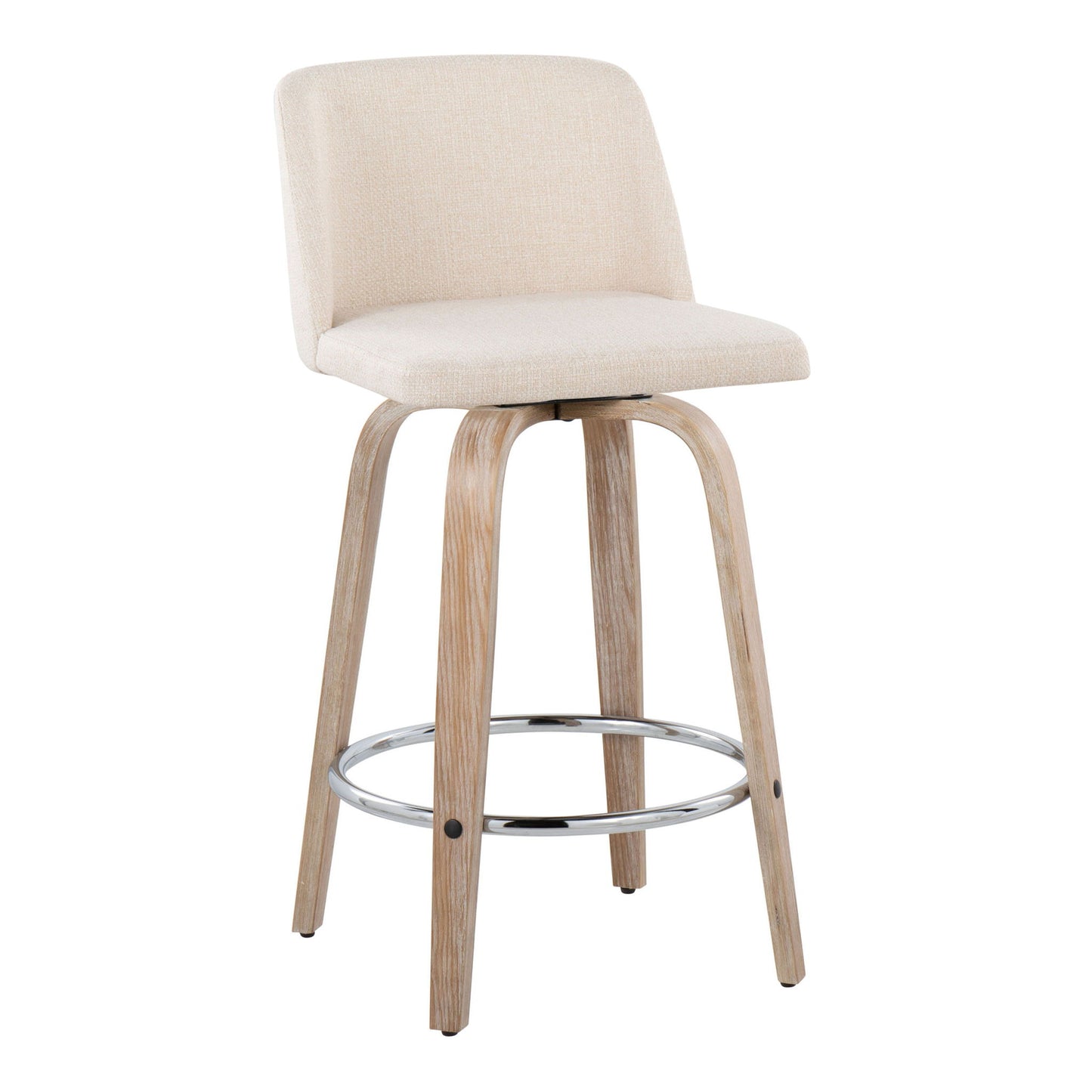 The Toriano Contemporary Fixed Height Counter Stool (Set of 2) features beige upholstery, a low backrest, light wooden legs, a swivel seat, and a round metal footrest for a modern minimalist look.