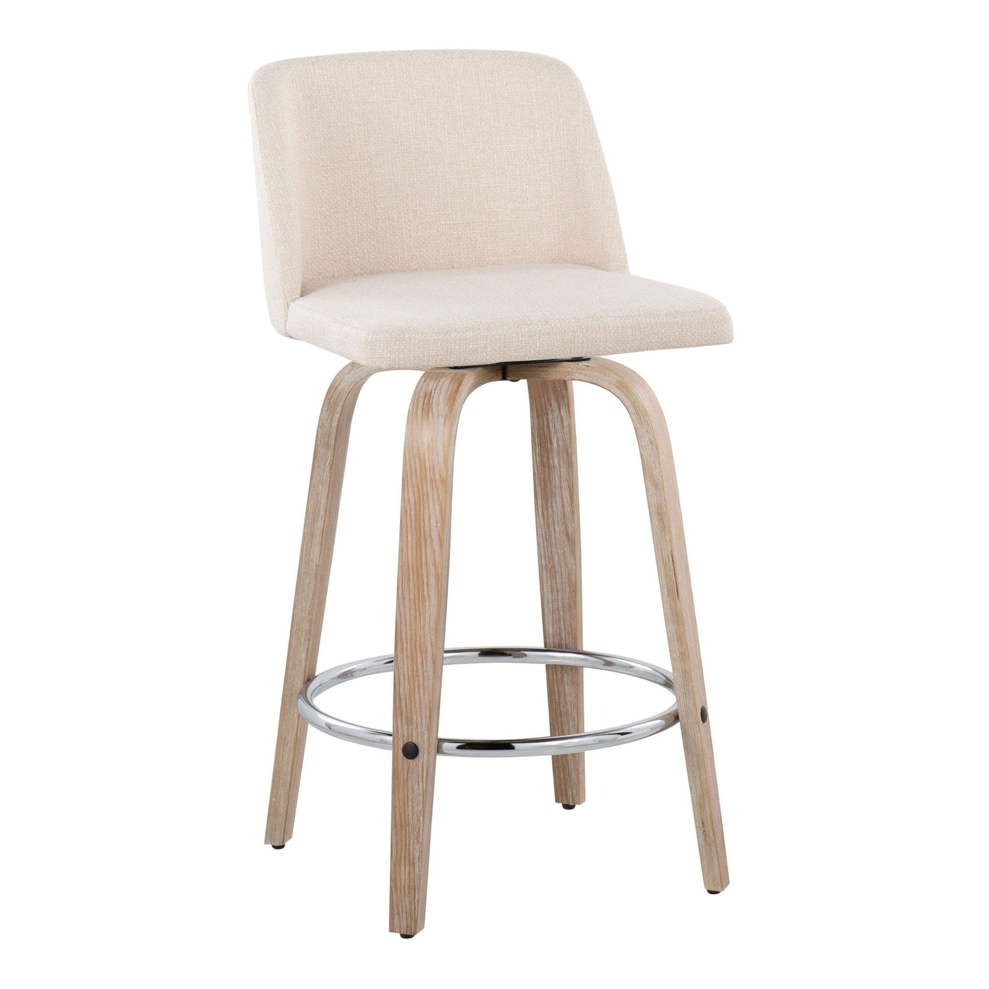 The Toriano Contemporary Fixed Height Counter Stool (Set of 2) features beige upholstery, a low backrest, light wooden legs, a swivel seat, and a round metal footrest for a modern minimalist look.