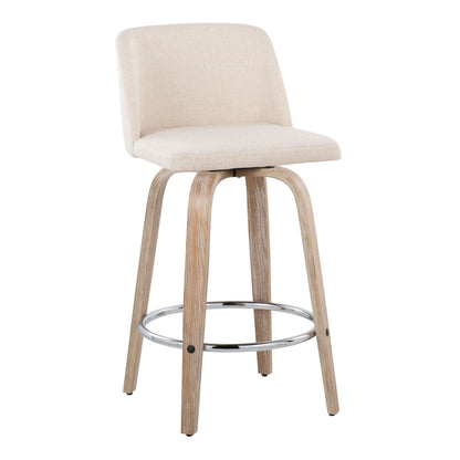 The Toriano Contemporary Fixed Height Counter Stool (Set of 2) features beige upholstery, a low backrest, light wooden legs, a swivel seat, and a round metal footrest for a modern minimalist look.