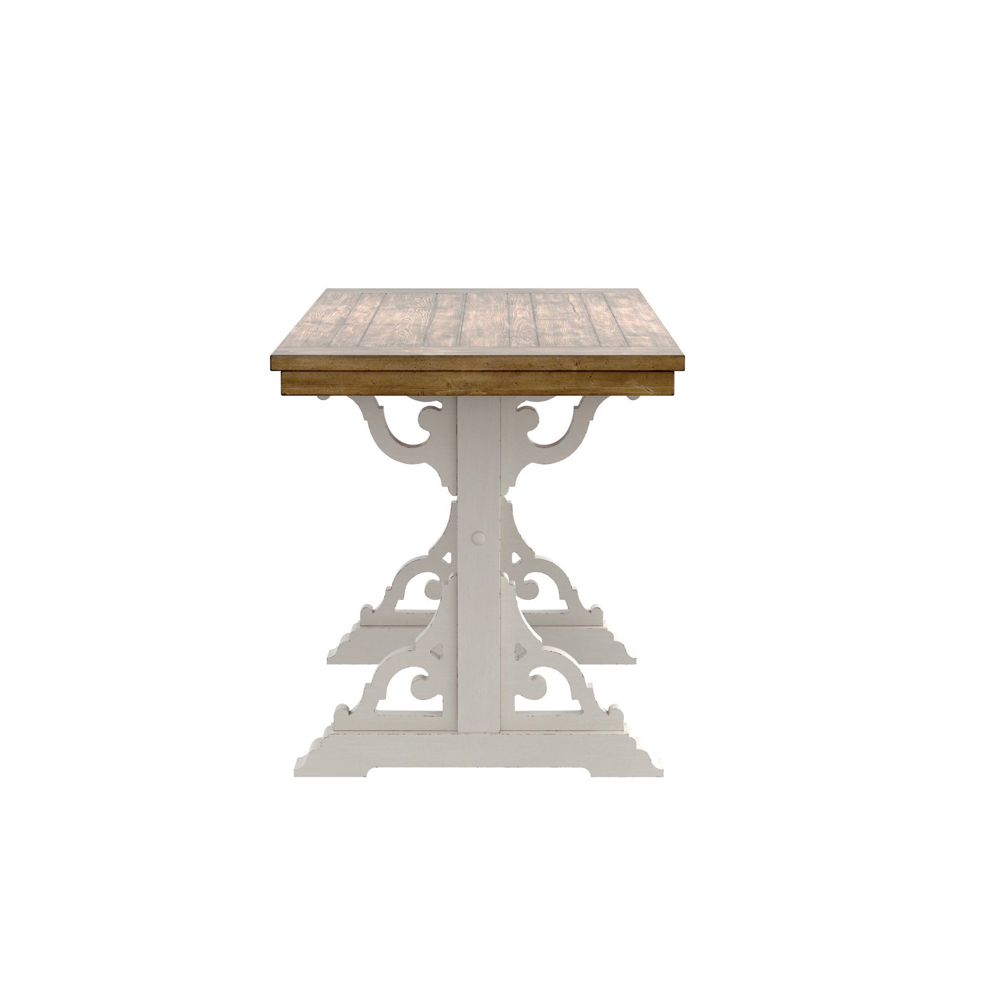 The Haidel - Trestle Dining Table features a natural wood top and ornate white pedestal legs, shown from the short side against a plain white background.