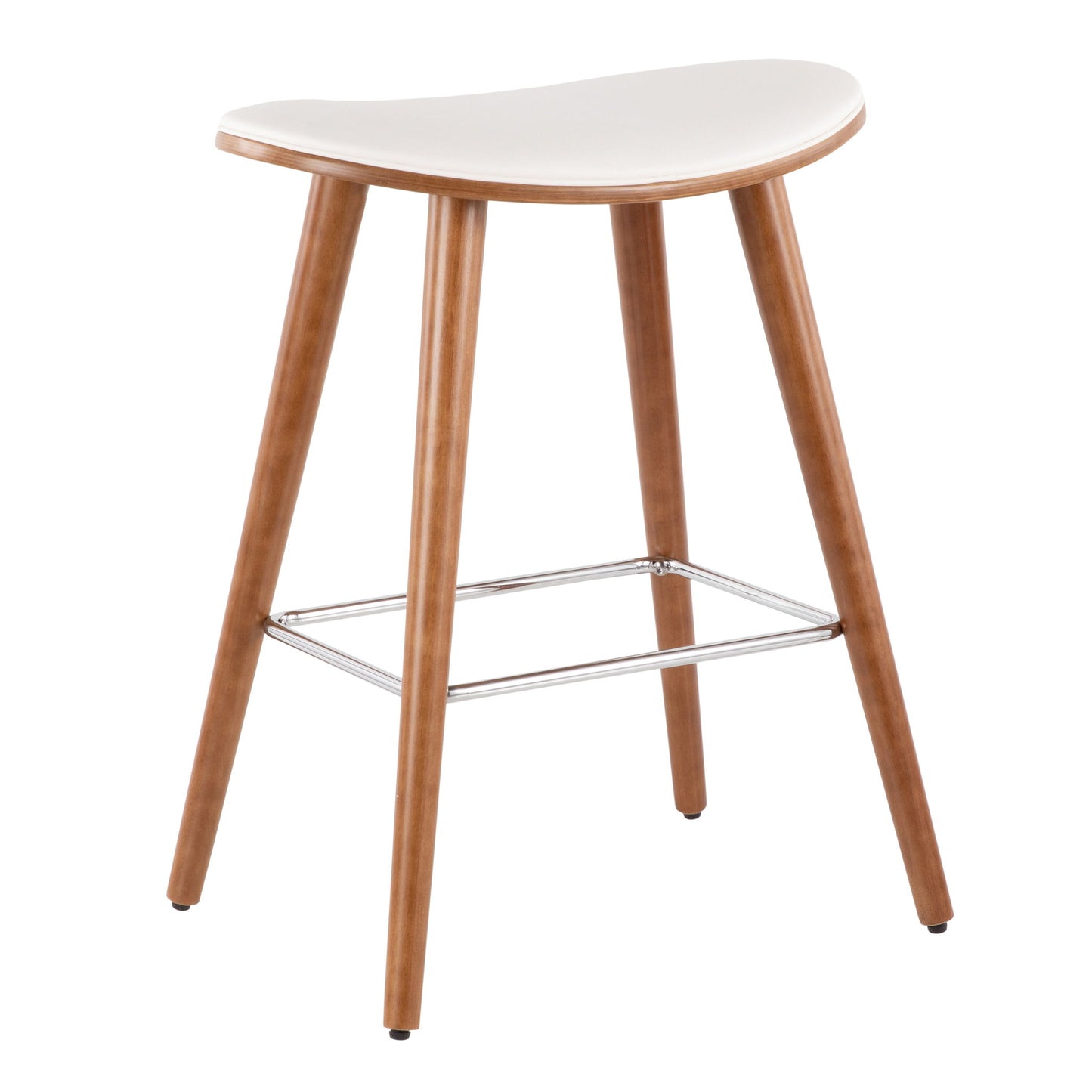The Saddle - Contemporary Counter Stool (Set of 2) features a modern backless design with a white saddle-shaped seat, four wooden legs, and a metal footrest connecting the legs.