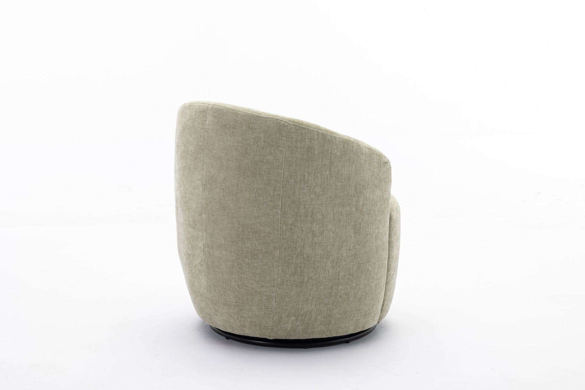 The Chenille Fabric Swivel Accent Armchair Barrel Chair with a powder-coated metal ring is shown from a rear side angle, featuring light beige upholstery, a rounded back, and a dark circular base against a white background.