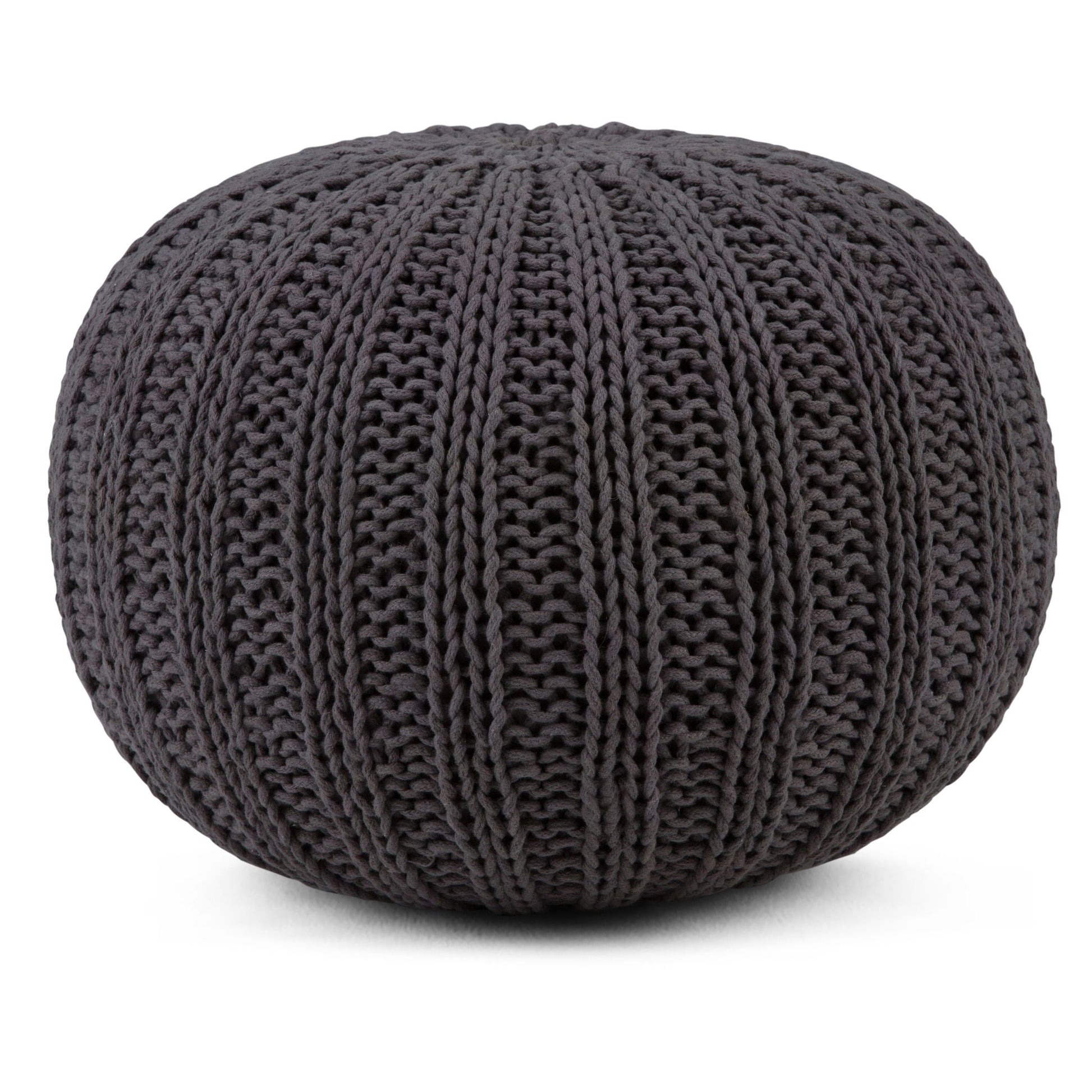 The Shelby - Handcrafted Hand Knit Round Pouf is a round, dark gray ottoman with chunky knit texture and thick vertical ribbing, shown on a white background.