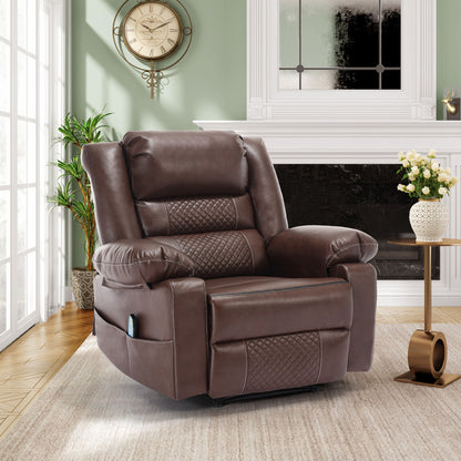 The Breathable Leather Massage Recliner Manual Chair is featured in a living room with a light rug, green wall, round clock, potted plant, fireplace, window, and a small side table holding a vase of white flowers.