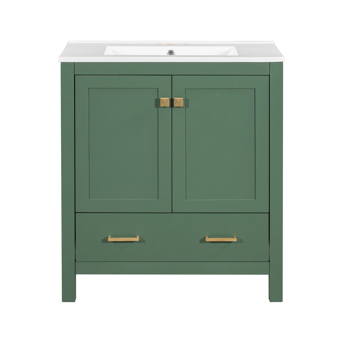 A green Bathroom Vanity With Single Sink features gold handles, 2 soft-closing doors, a bottom drawer, a solid wood frame, and is topped with a white undermount sink for multifunctional bathroom storage.