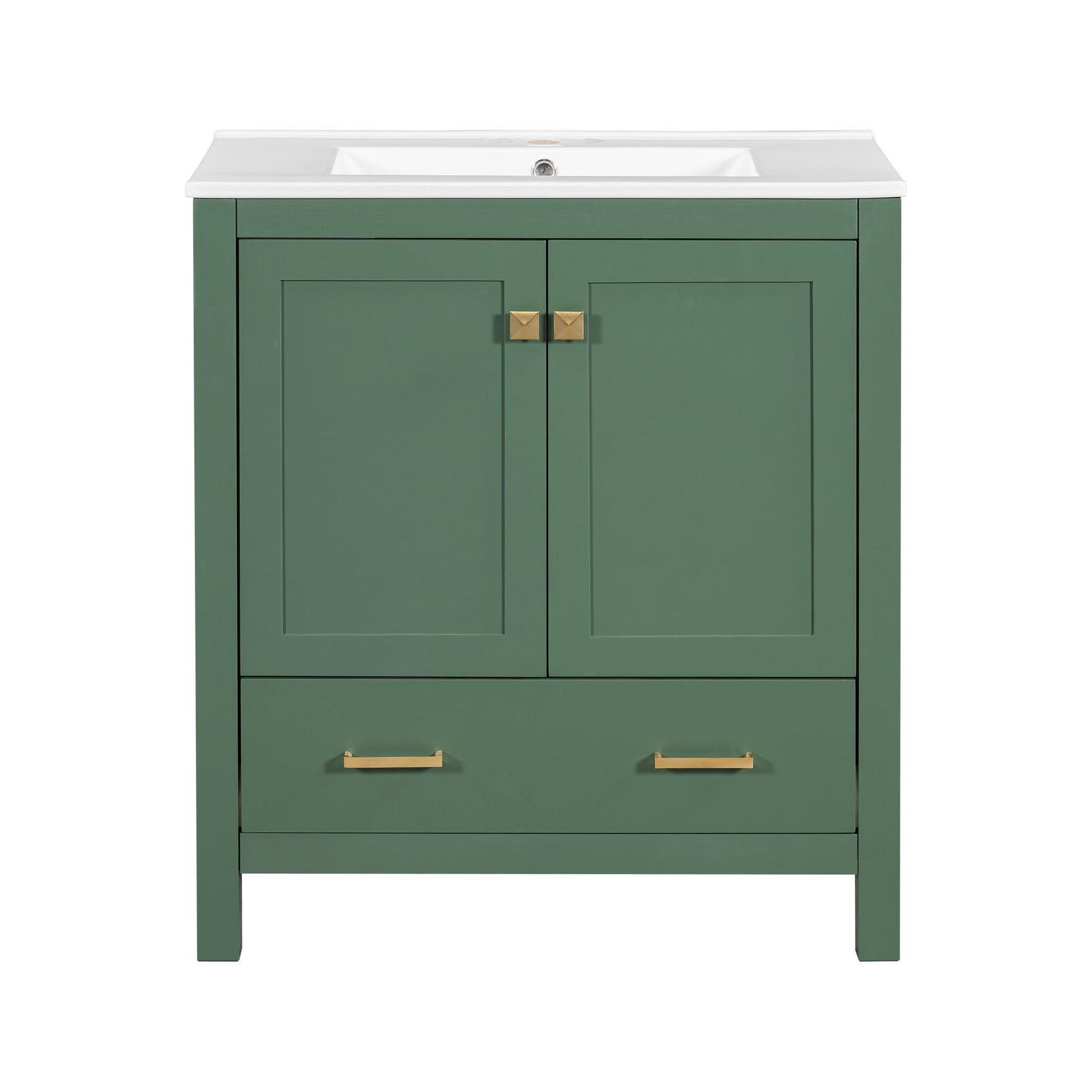 A green Bathroom Vanity With Single Sink features gold handles, 2 soft-closing doors, a bottom drawer, a solid wood frame, and is topped with a white undermount sink for multifunctional bathroom storage.