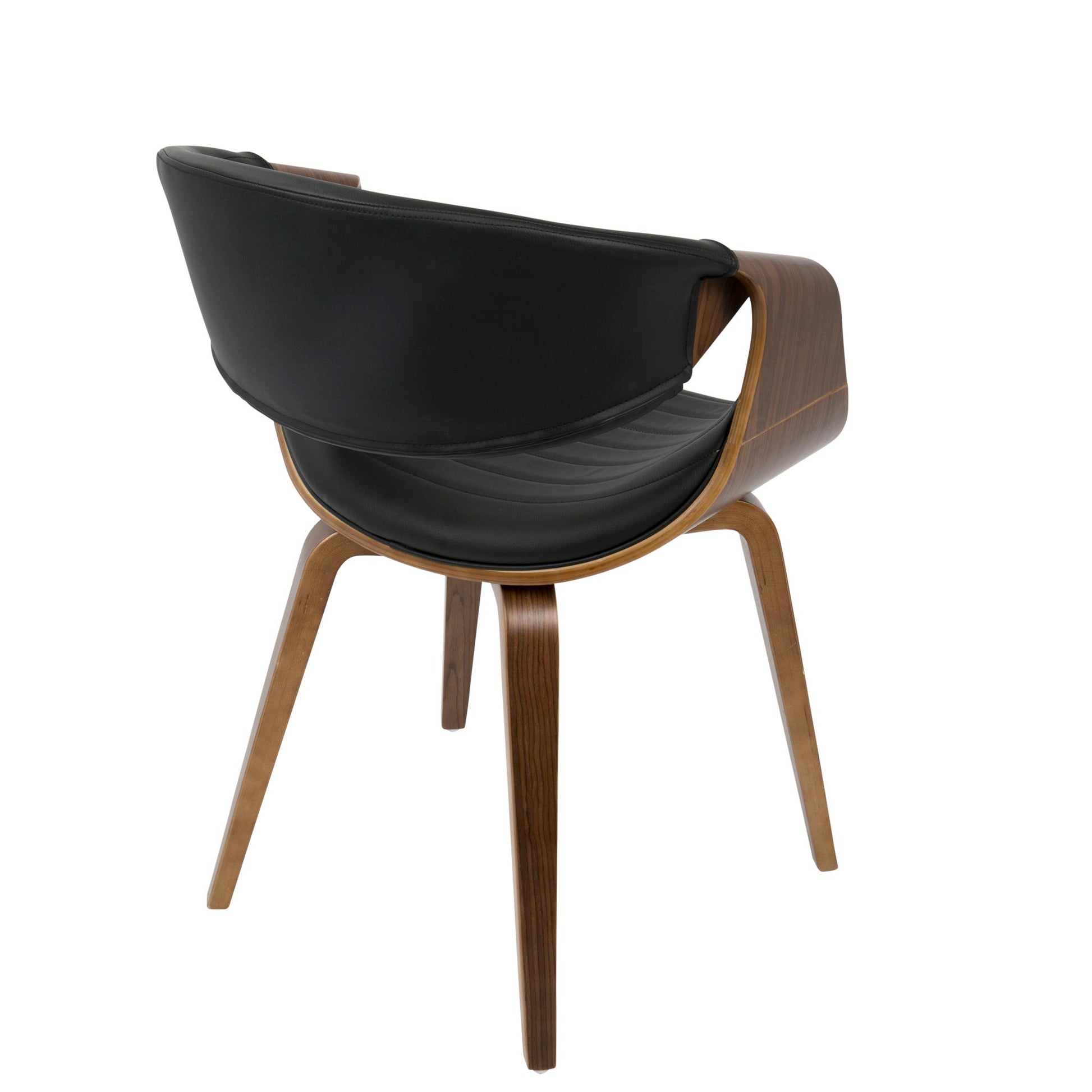 The Symphony Mid Century Modern Dining Chair features curved wooden legs and frame with a black upholstered seat and backrest. Photographed from the back, its sleek contemporary design stands out against a white background.