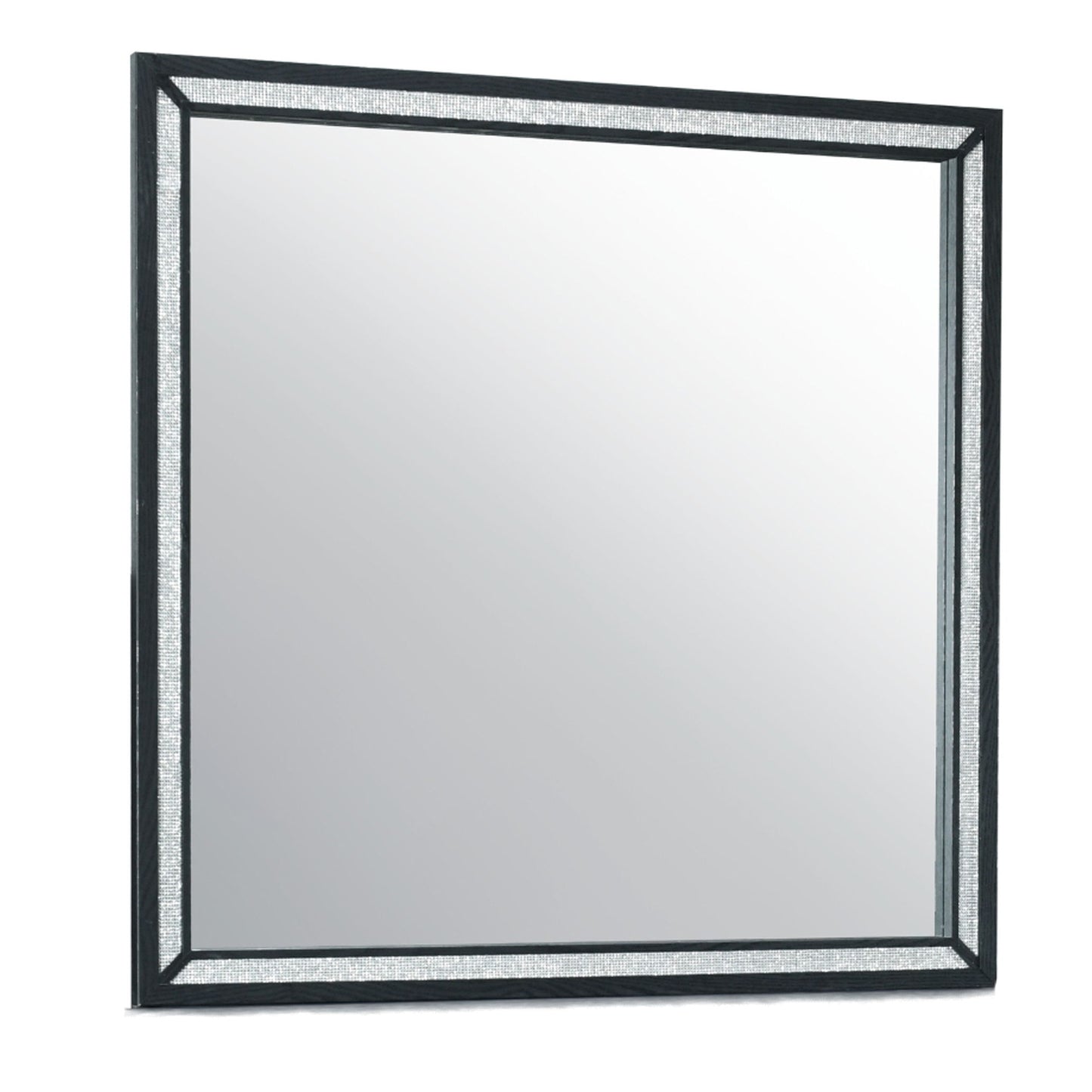 The Couch.com Carlos Mirror Black features a modern square design with a durable wood frame in a sleek black finish, beveled edges, and reflects a neutral background.