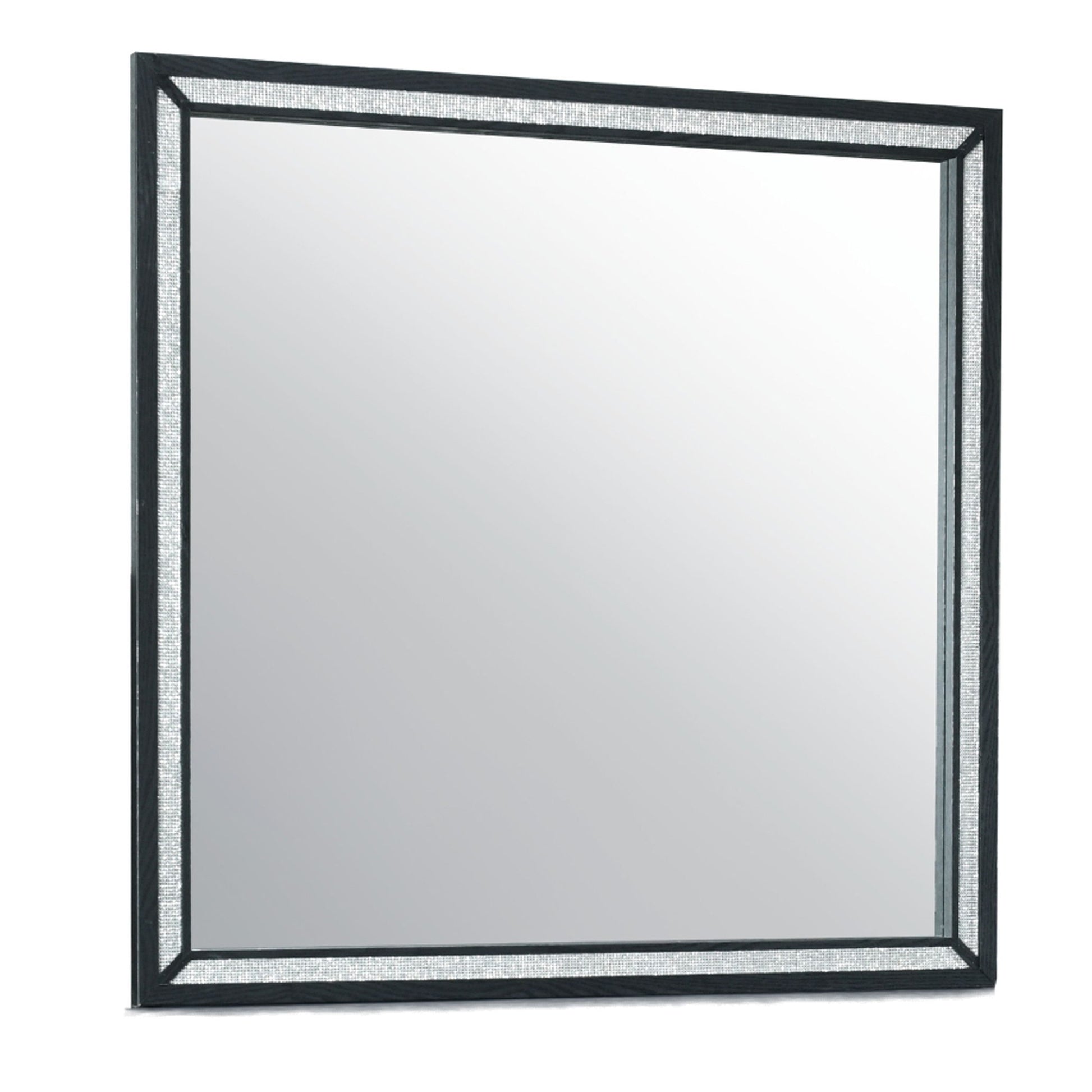 The Couch.com Carlos Mirror Black features a modern square design with a durable wood frame in a sleek black finish, beveled edges, and reflects a neutral background.