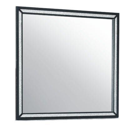The Couch.com Carlos Mirror Black features a modern square design with a durable wood frame in a sleek black finish, beveled edges, and reflects a neutral background.