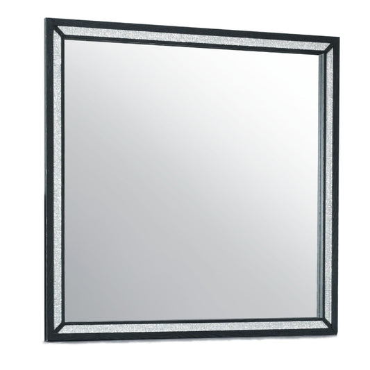 The Couch.com Carlos Mirror Black features a modern square design with a durable wood frame in a sleek black finish, beveled edges, and reflects a neutral background.