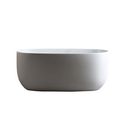Minimalist, modern Independent Solid Surface Resin Stone Bathtub in matte white, featuring smooth, rounded edges, pop-up drainage, and overflow pipes—ideal for small households. Photographed against a plain white background.