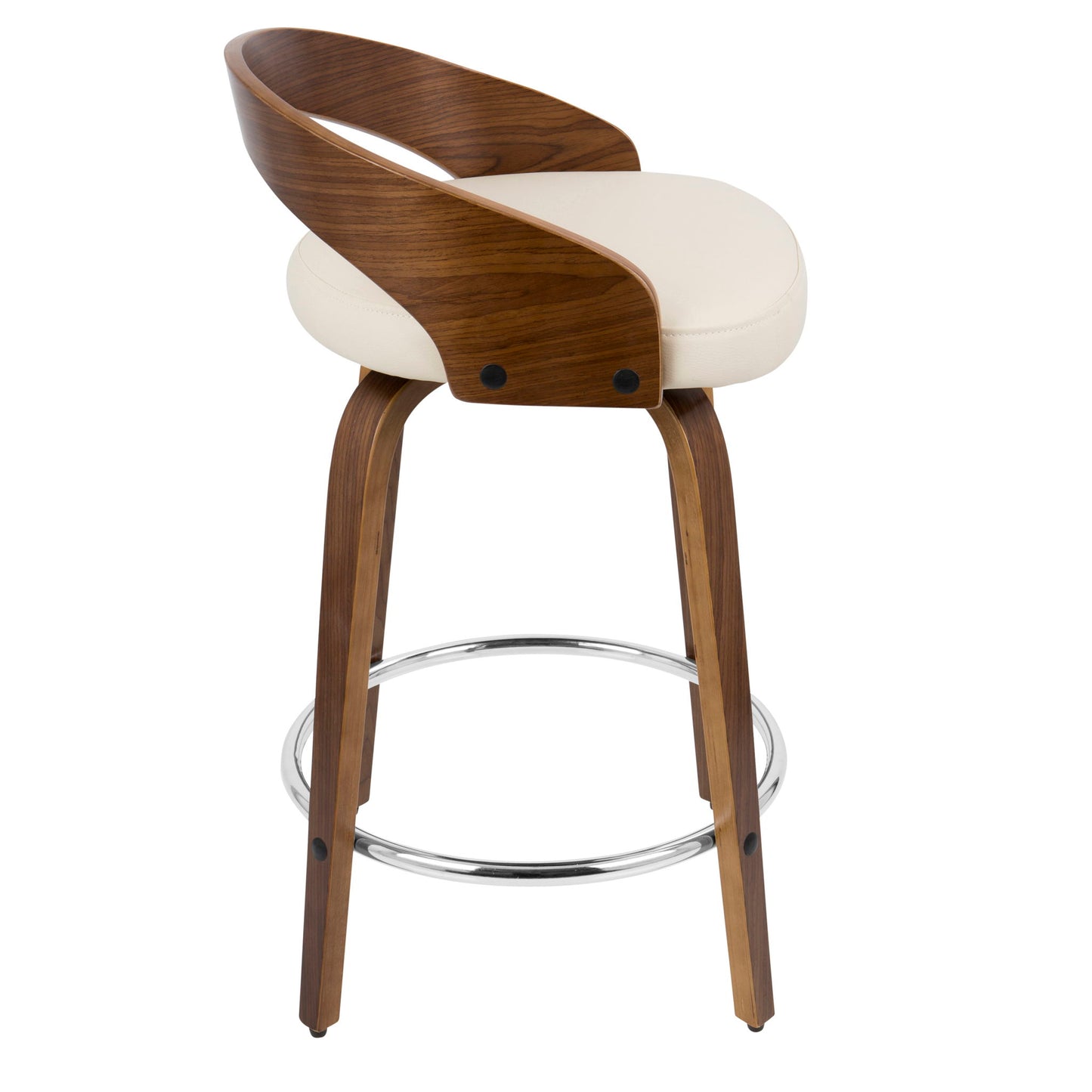 The Grotto Mid-Century Modern Counter Stool features a curved wooden backrest, cream cushioned seat, wood legs, swivel function, and a chrome footrest. Sold as a set of 2.