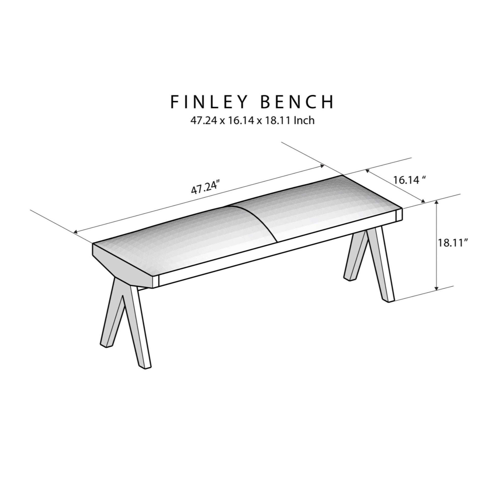 A diagram of the Chad Mid-Century Modern Leather Bench—Brown/Tan, with dimensions: 47.24" L x 16.14" D x 18.11" H; features angled legs and a rectangular, slightly contoured seat.
