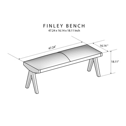 A diagram of the Chad Mid-Century Modern Leather Bench—Brown/Tan, with dimensions: 47.24" L x 16.14" D x 18.11" H; features angled legs and a rectangular, slightly contoured seat.