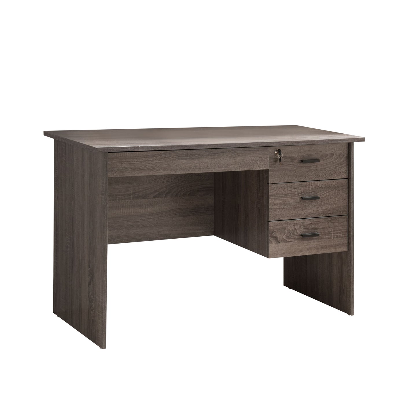The Executive Office Desk features a distressed gray finish, three lockable drawers with black handles on the right, and an open legroom space on the left—perfect for any home office.