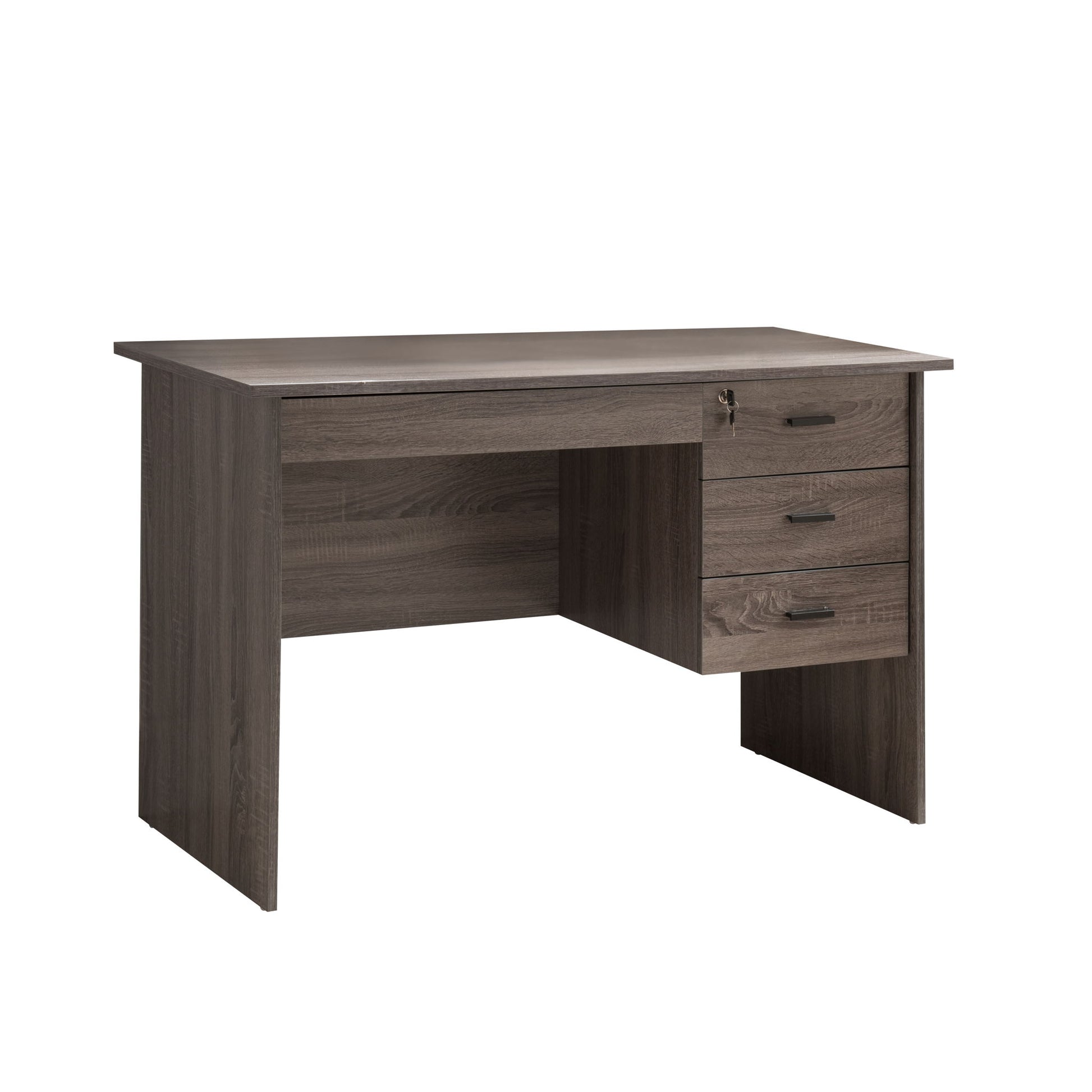 The Executive Office Desk features a distressed gray finish, three lockable drawers with black handles on the right, and an open legroom space on the left—perfect for any home office.