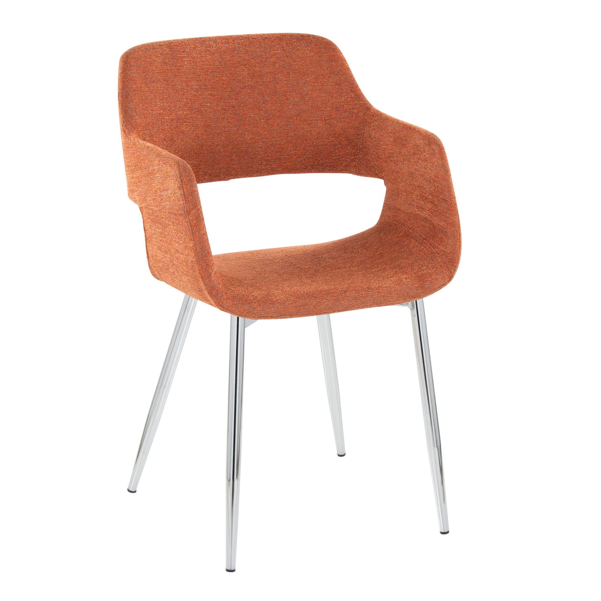 The Margarite Contemporary Dining Chair (Set of 2) features an orange upholstered seat and backrest with open sides, a curved design, and is supported by four sleek metal legs.