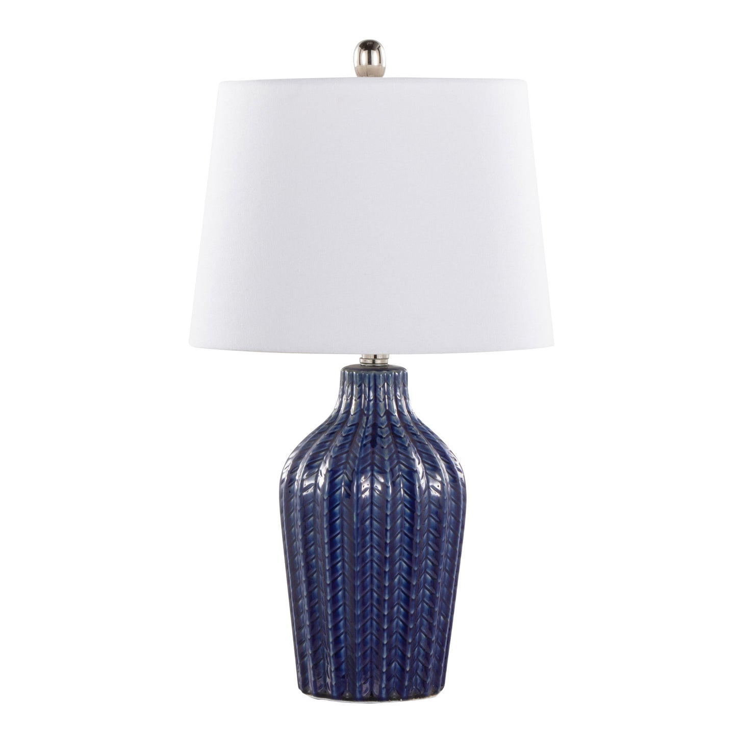 The Rockwell - Contemporary Table Lamp (Set of 2) features a textured dark blue ceramic base with vertical patterns and a white tapered fabric shade.