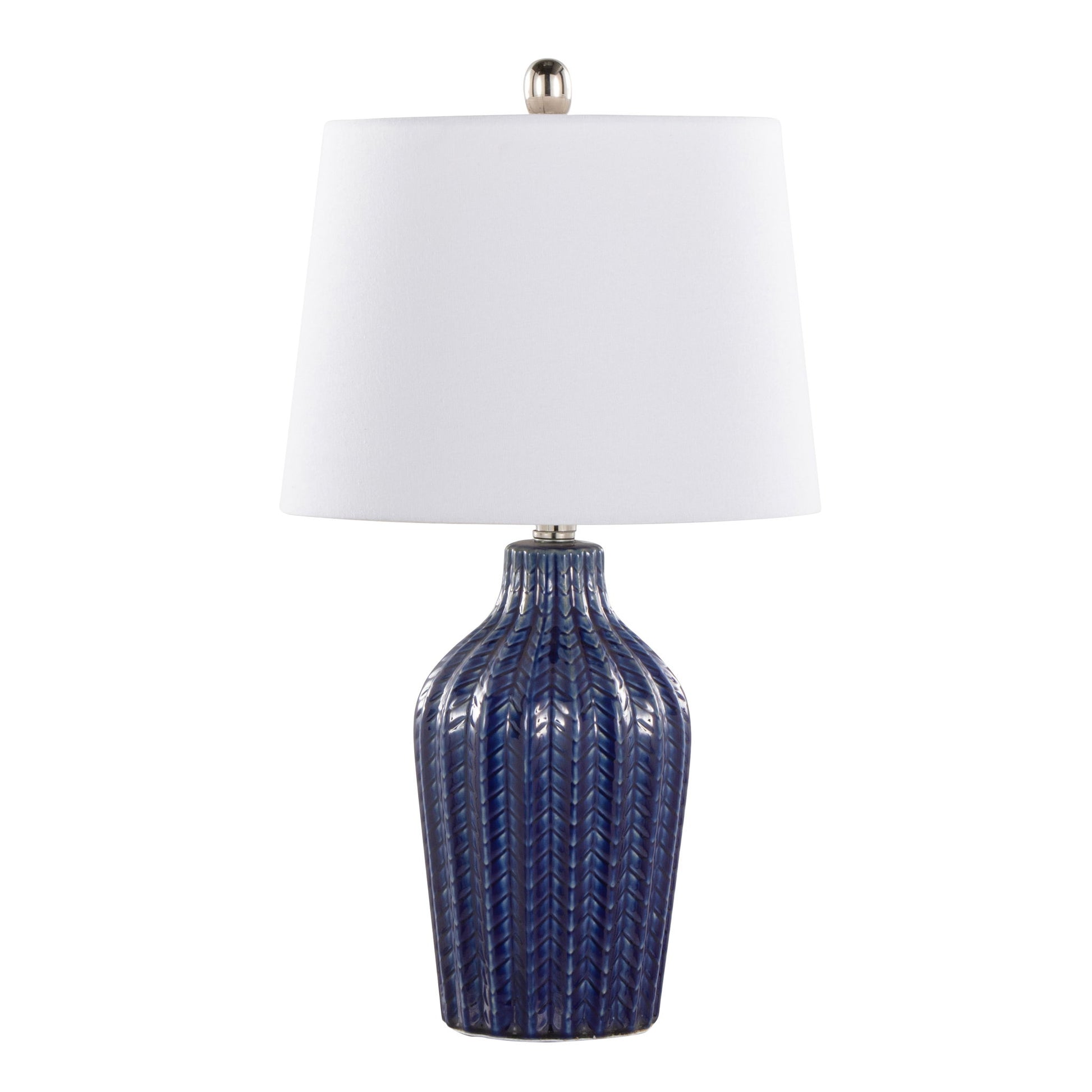 The Rockwell - Contemporary Table Lamp (Set of 2) features a textured dark blue ceramic base with vertical patterns and a white tapered fabric shade.