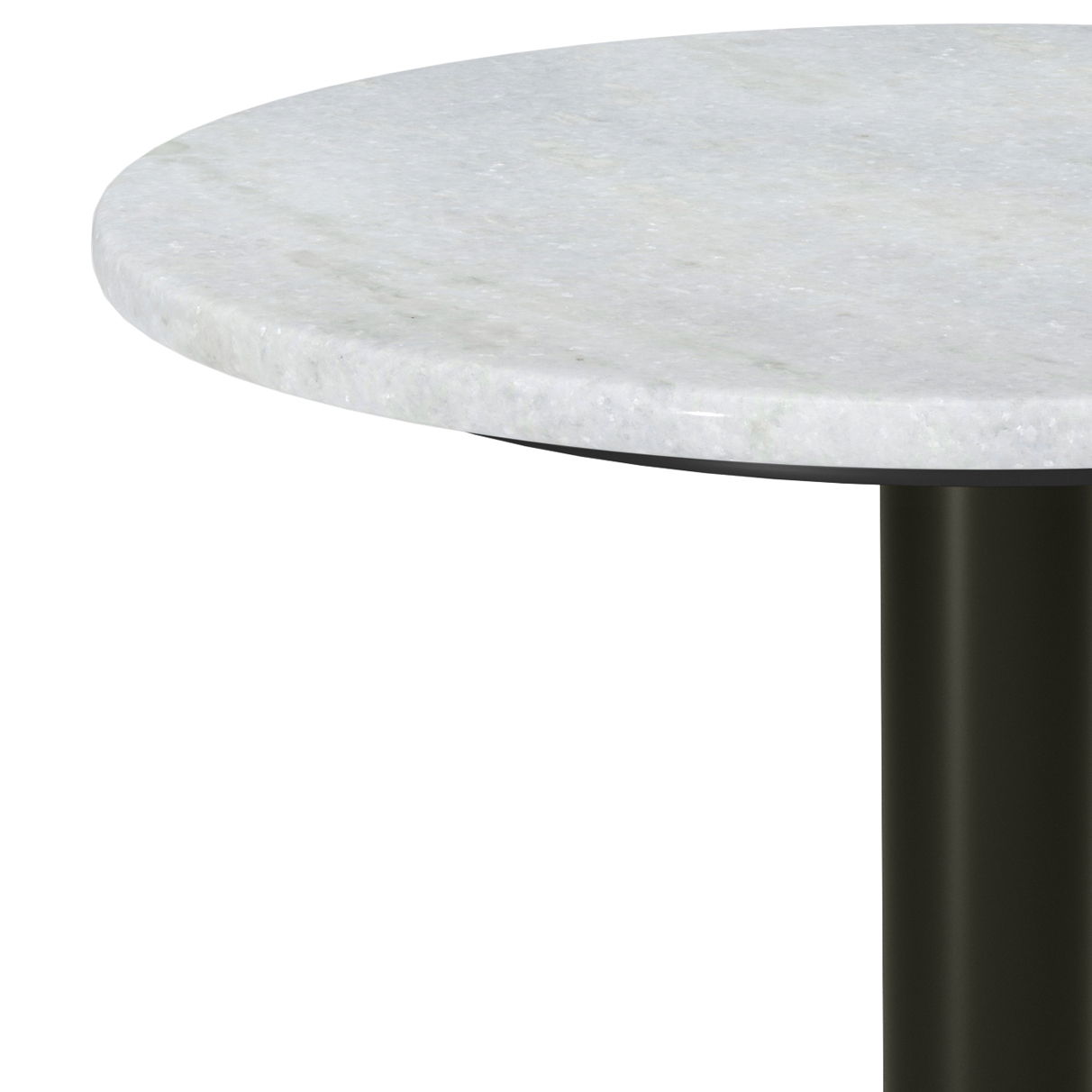 A close-up of the Evans - Marble Side Table - White, featuring a round, light marble top and a black cylindrical base, set against a white background.