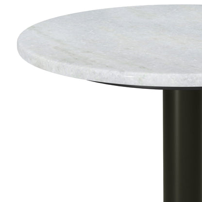 A close-up of the Evans - Marble Side Table - White, featuring a round, light marble top and a black cylindrical base, set against a white background.