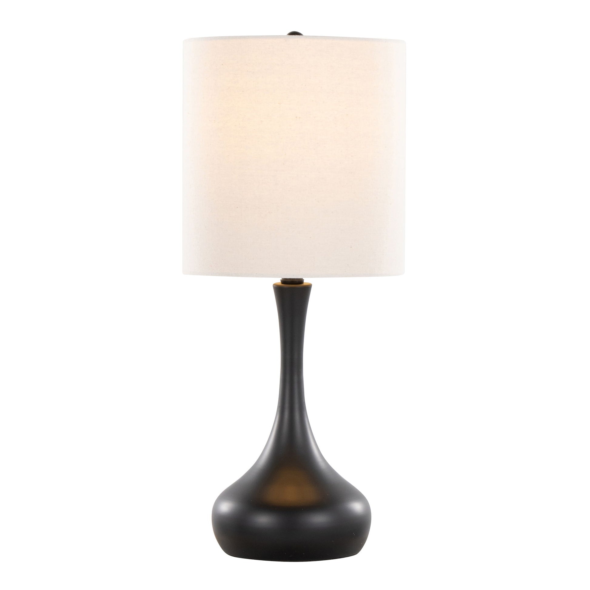 The Genie - Contemporary Table Lamp (Set of 2) features a matte black rounded base and a tall cylindrical oatmeal fabric shade, showcased against a plain white background.