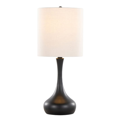 The Genie - Contemporary Table Lamp (Set of 2) features a matte black rounded base and a tall cylindrical oatmeal fabric shade, showcased against a plain white background.