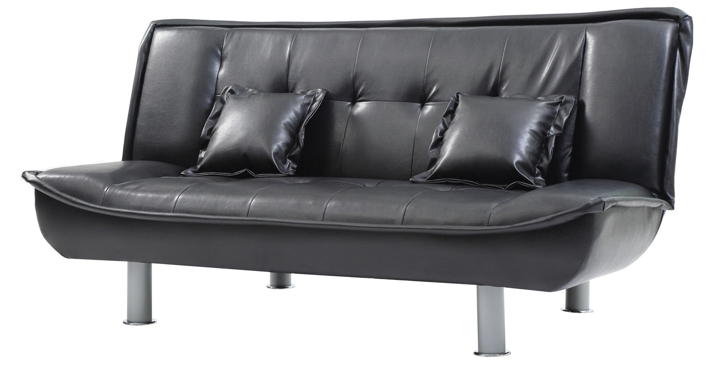 The Lionel - Sofa Bed is a modern black leather sofa with a high backrest, silver cylindrical legs, and two matching black square pillows on the seat.
