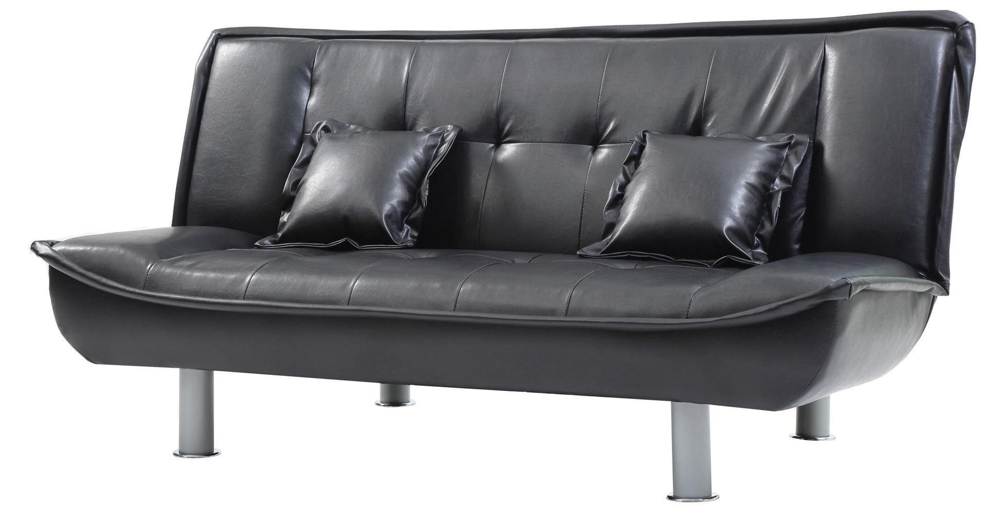 The Lionel - Sofa Bed is a modern black leather sofa with a high backrest, silver cylindrical legs, and two matching black square pillows on the seat.