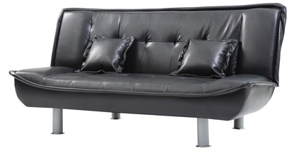 The Lionel - Sofa Bed is a modern black leather sofa with a high backrest, silver cylindrical legs, and two matching black square pillows on the seat.