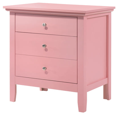 The Hammond 3 Drawer Nightstand features a pink finish, simple modern design, and silver round knobs.